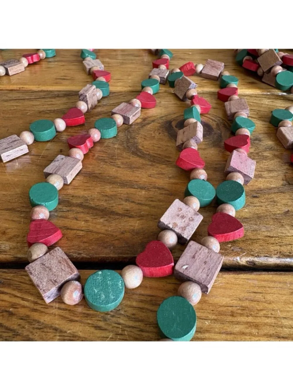 VTG Wooden Hearts Bead Garland 9 Red Green Lot Of 2 9 Ft Strands